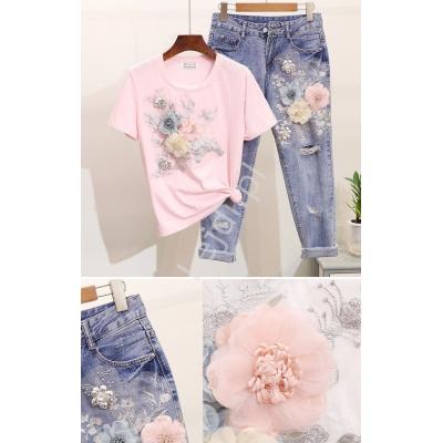 Zestaw 2- częściowy jeansy damskie z kwiatami i t-shirt z kwiatami