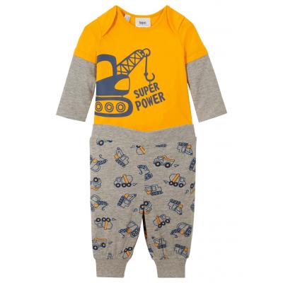 Body niemowlęce z długim rękawem + spodnie shirtowe (2 części), bawełna organiczna bonprix jasnoszary melanż - żółty szafranowy