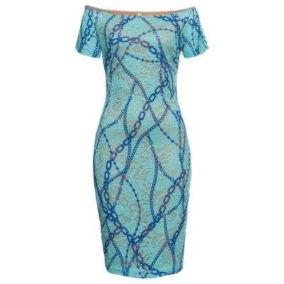 Sukienka z dekoltem carmen i krótkim rękawem bonprix niebieski wzorzysty