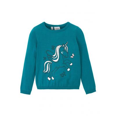 Sweter bawełniany dziewczęcy bonprix morski turkusowy
