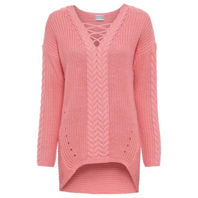 Sweter we wzór w warkocze bonprix pastelowy jasnoróżowy