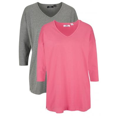 Shirt z rękawami 3/4, szeroki fason (2 szt.) bonprix szary melanż + pastelowy różowy