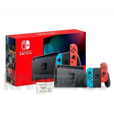 Nintendo Switch Joy-Con v2 (czerwono-niebieski) Nowy Model 2019 NHS002 + karta SanDisk 64 GB 100/60 MB/s V30 U3