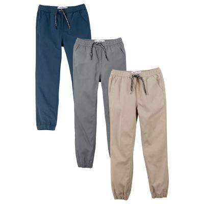 Spodnie ze ściągaczem (3 pary) bonprix ciemnoniebieski + piaskowy +dymny szary