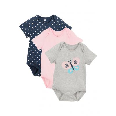 Body niemowlęce z krótkim rękawem (3 szt.) bonprix różowy kwarcowy + ciemnoniebieski
