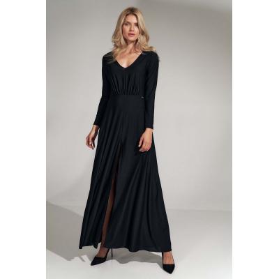 Rozkloszowana długa sukienka z rozcięciem - czarna