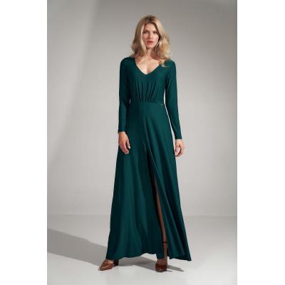 Rozkloszowana długa sukienka z rozcięciem - zielona