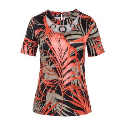 Shirt z ozdobnym dekoltem bonprix koralowo-czarno-szary wzorzysty