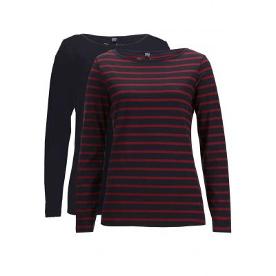 Shirt z długim rękawem i dekoltem w łódkę (2 szt.) bonprix czarny + rubinowy czerwony - czarny w paski
