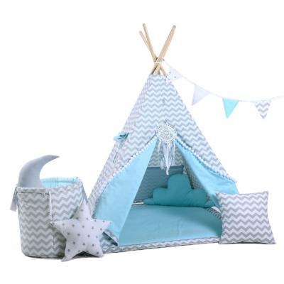 Namiot tipi dla dzieci, bawełna, okienko, mega zestaw, błękitna drzemka