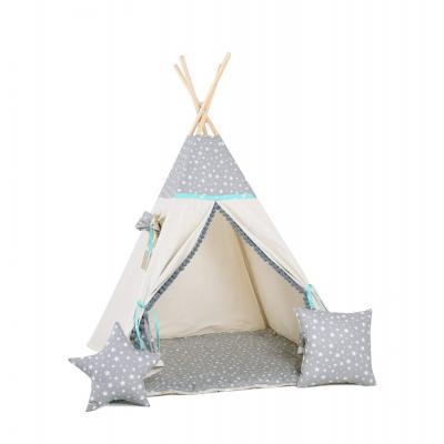 Namiot tipi dla dzieci, bawełna, okienko, poduszka, miętowa gwiazdeczka