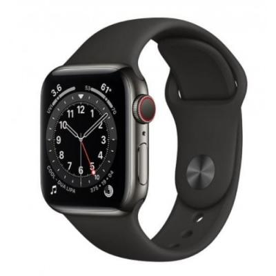Apple Zegarek Series 6 GPS + Cellular, 40mm koperta ze stali nierdzewnej w kolorze grafitowym z paskiem sportowym w kolorze czarnym - Regular