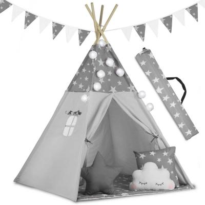 Namiot tipi dla dzieci, światełka, girlanda, 165 cm, szary w gwiazdki