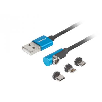 Lanberg Kabel Combo USB-A(M)->USB Micro(M)+Lightning(M)+USB-C(M) 2.0 1m Czarno-Niebieski Kątowy QC 3.0 Magnetyczny
