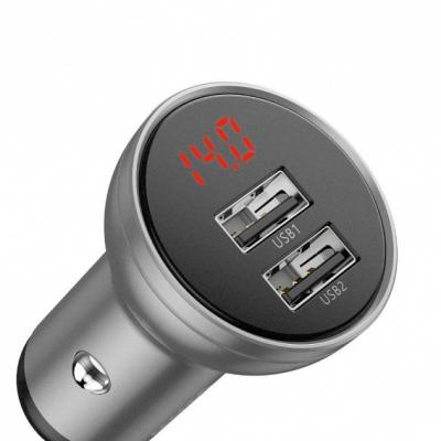 Ładowarka samochodowa Baseus 2x USB, 4,8A, 24W z wyświetlaczem natężenia/napięcia - srebrna (CCBX-0S)
