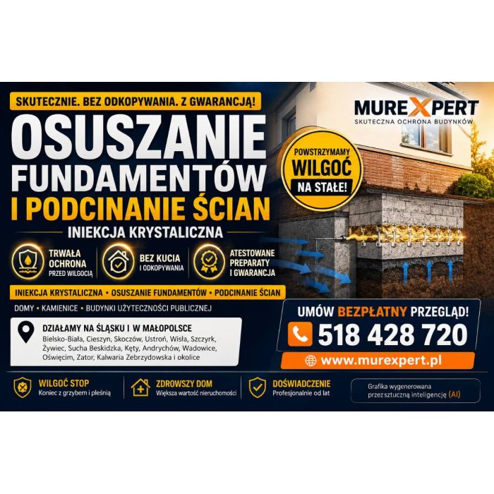 Osuszanie budynków, drenaż fundamentów, iniekcja krystaliczna, izolacje i odwodnienia