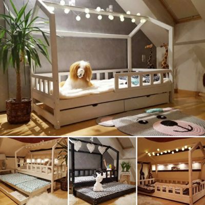 Łóżko domek z szufladami i barierką Bella dla dzieci 160 x 80 cm