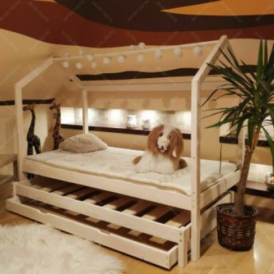 Łóżko domek Bella drewniane podwójny zestaw szuflady + drugie spanie i barierka