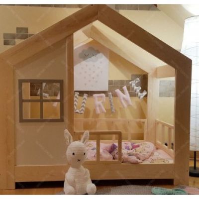 Łóżko domek Cynia dla dziewczynki z dwoma szufladami z barierką naturalne