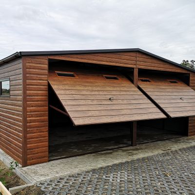 Garaż dwustanowiskowy drewnopodobny 5x7 dwuspadowy blaszak, hala, garaż, okna, bramy