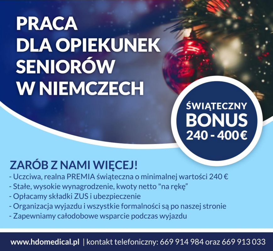 HDOmedical zatrudni Opiekunkę Frankfurt nad Menem, 1500 € plus zwrot kosztów podróży 180€ plus premia świąteczna