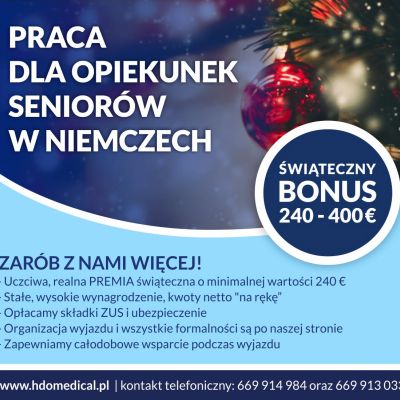 HDOmedical zatrudni Opiekunkę, 47226 Duisburg, 1400 € plus zwrot kosztów podróży plus premia świąteczna