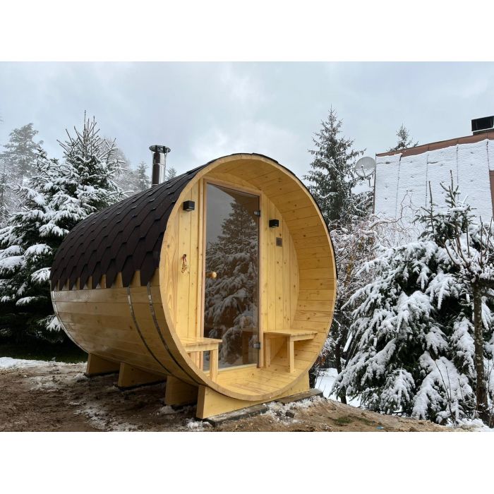 Sauna Beczka ogrodowa okragla Malmö Ø2.2x2,7m ganek piec