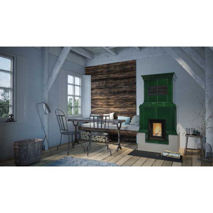 Zdrowy piec kaflowy nowej generacji z widokiem ognia.