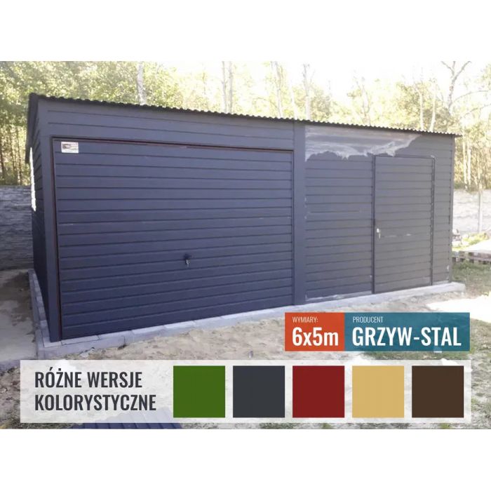 Garaż Blaszany z bramą oraz drzwiami - jednospadowy 6x5 - GrzywStal