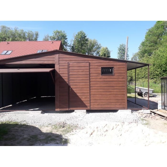 Garażu blaszanego 6x5,5m +3m zadaszenie - Drewnopodobny - GRZYWSTAL