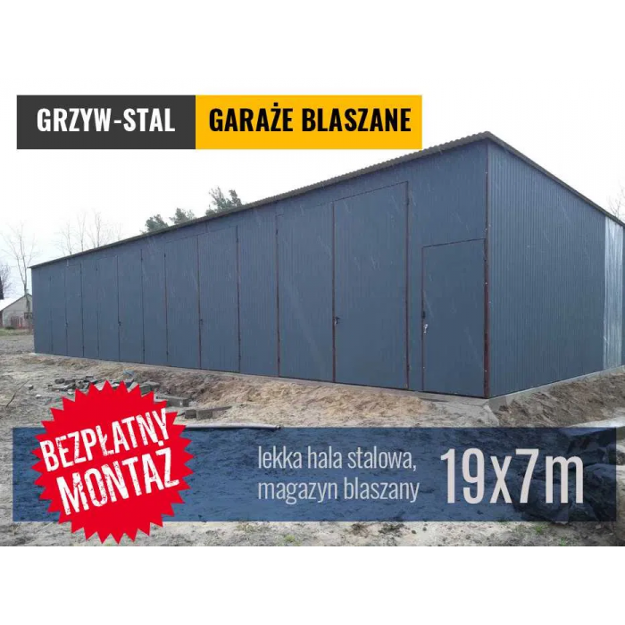 Dużego Garażu Blaszanego 19x7m / Hali w kolorze Grafit -GRZYWSTAL