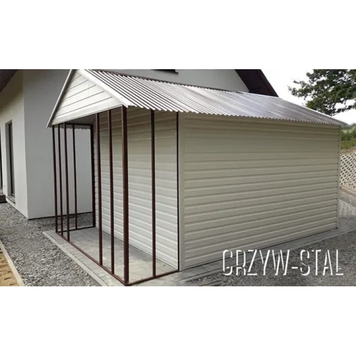 Garaż/domek ogrodowy z drewutnią, altana blaszana z dodatkową wiatą - GRZYWSTAL