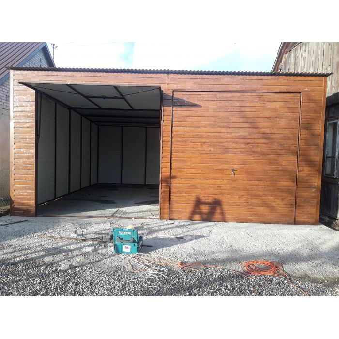 GrzywStal | garaż blaszany drewnopodobny 6x6 | bramy uchylne + drzwi