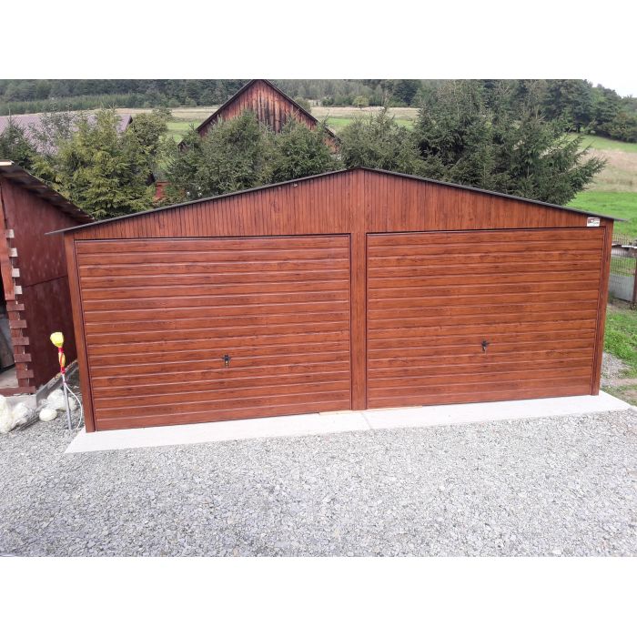 GrzywStal | garaż blaszany drewnopodobny 6x6 | bramy uchylne + drzwi