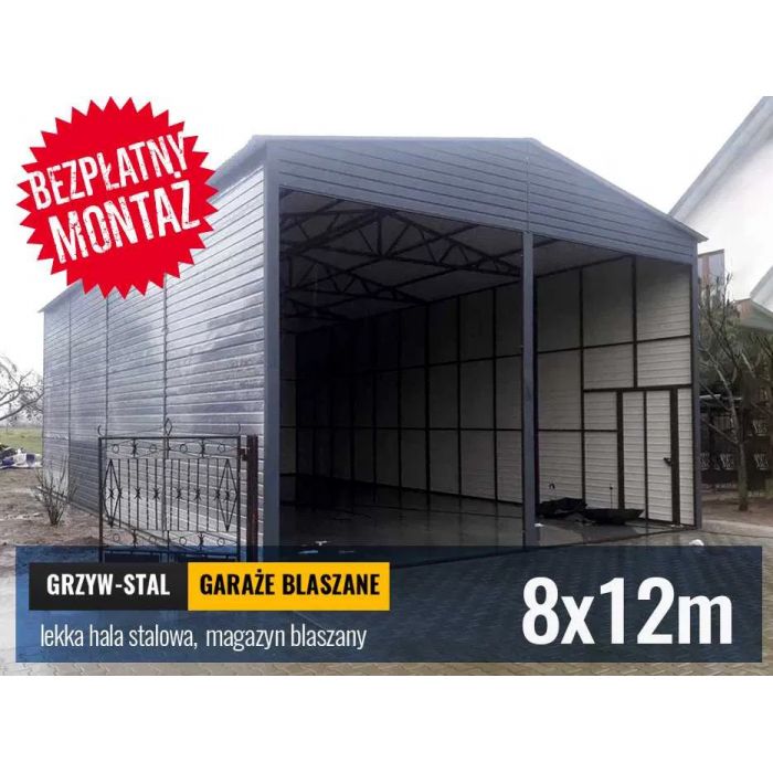 Duży Grafitowy Garaż Blaszany 8x12m , Wiata garażowa - GrzywStal