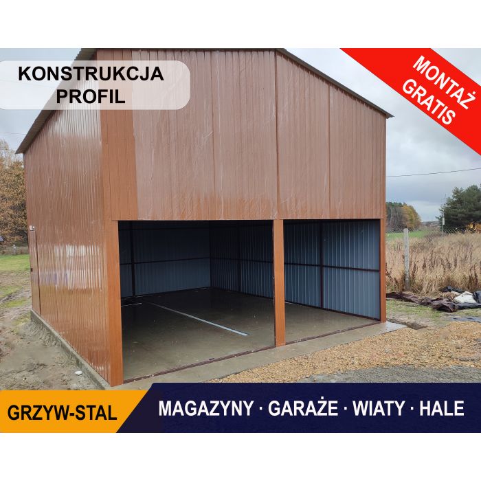 Wysoki Garaż Blaszany 6x6.5m z dachem dwuspadowym w kolorze pomarańczowym - GrzwyStal