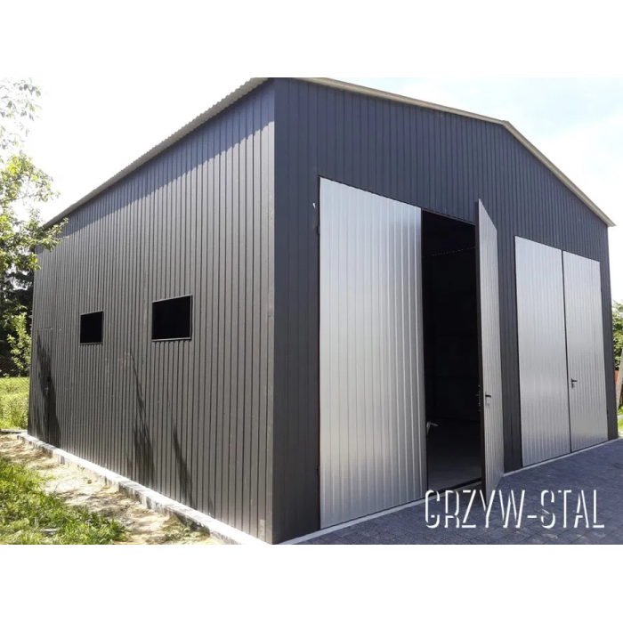 Garaż blaszany Dwuspadowy o wymiarach - 15x10m w kolorze GRAFITOWYM - 2x BRAMY UCHYLNE NA BOKI -GrzywStal