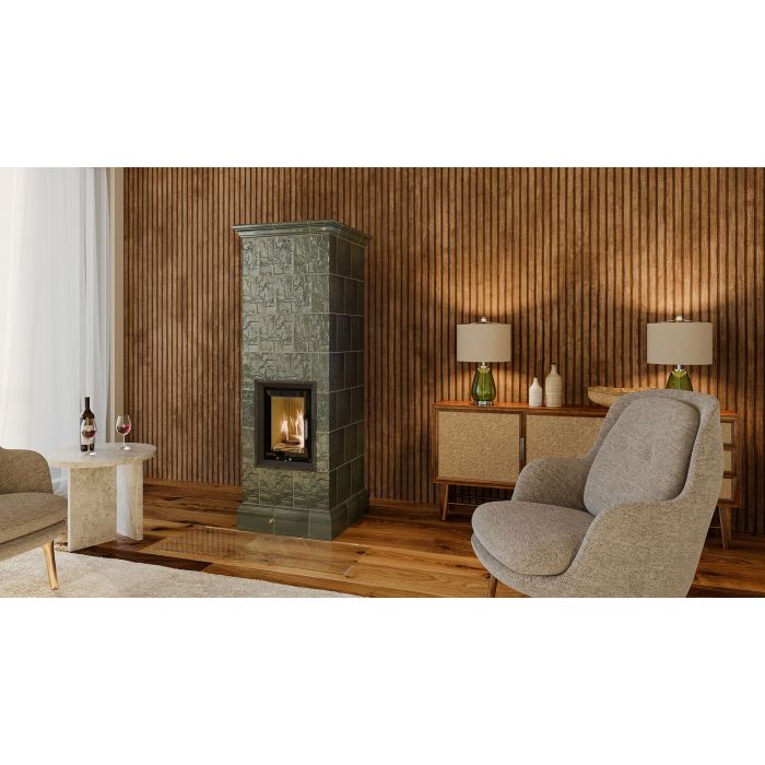 Zdrowy akumulacyjny piec kaflowy nowej generacji z widokiem ognia.