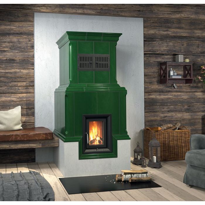 Zdrowy akumulacyjny piec kaflowy nowej generacji z widokiem ognia.