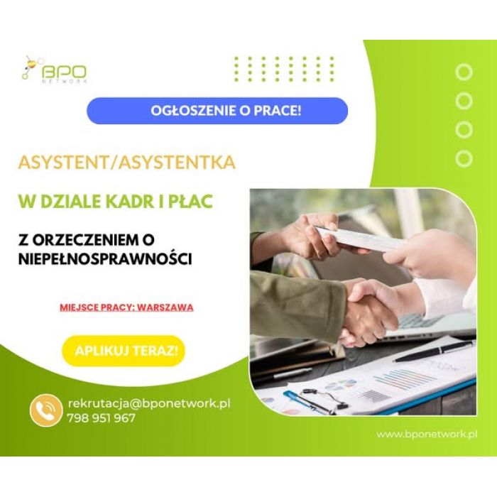 Asystent/Asystentka w dziale kadr i płac z orzeczeniem o niepełnosprawności - praca w Warszawie (Ochota - Aleje Jerozolimskie)