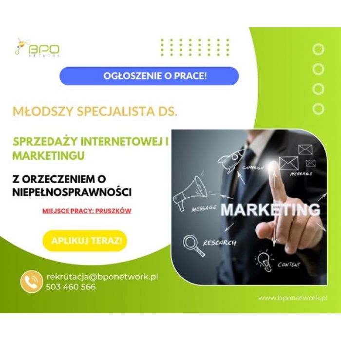 Młodszy Specjalista ds. sprzedaży internetowej i marketingu z orzeczeniem o niepełnosprawności - praca stacjonarna w Pruszkowie