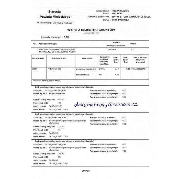 Pozwolenie na budowę , Akt Notarialny, Wypis z Rejestru Gruntów
