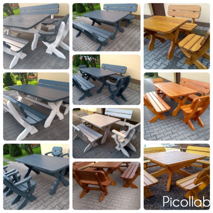 Meble drewniane ogrodowe stół 2 ławki 2 fotele