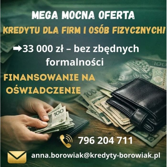MEGA MOCNA OFERTA KREDYTU DLA FIRM I OSÓB FIZYCZNYCH NA OŚWIADCZENIE!