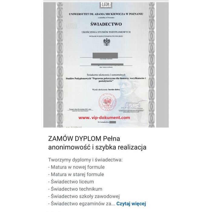 Kupię świadectwo maturalne, dyplom uczelni