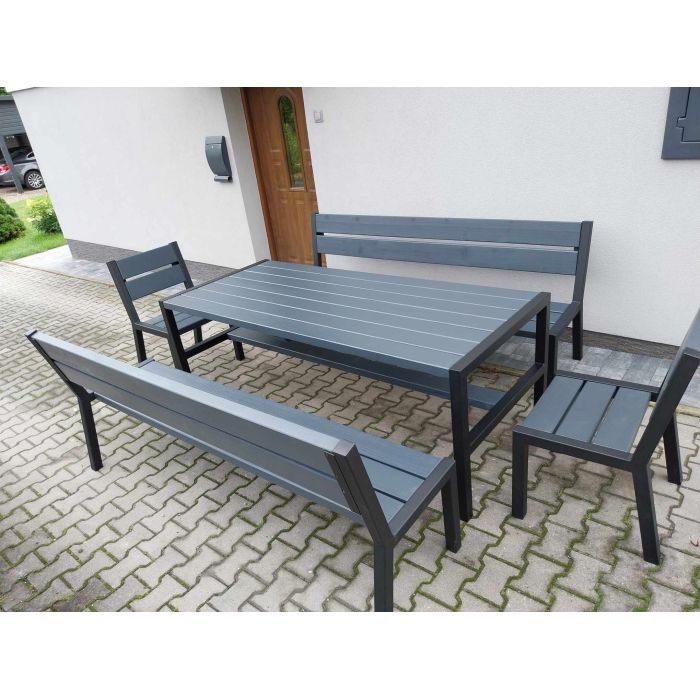 Zestaw mebli ogrodowych drewnianych + metal ocynk stół 2 ławy 2 fotele