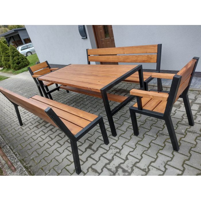 Zestaw mebli ogrodowych drewnianych + metal ocynk stół 2 ławy 2 fotele