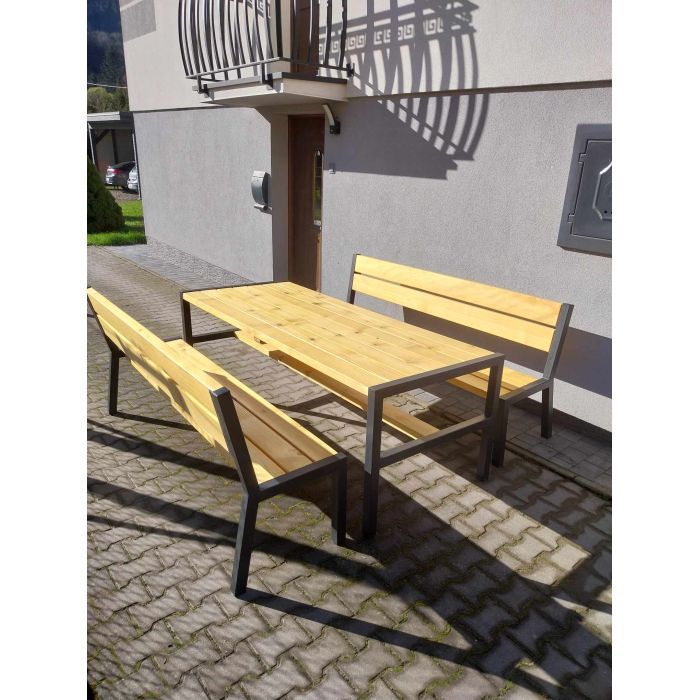 Zestaw mebli ogrodowych drewnianych + metal ocynk stół 2 ławy 2 fotele