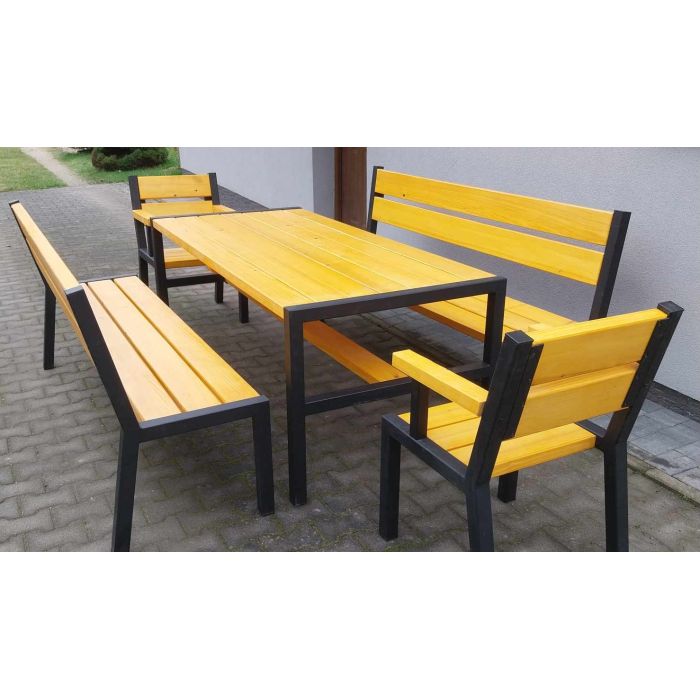 Zestaw mebli ogrodowych drewnianych + metal ocynk stół 2 ławy 2 fotele