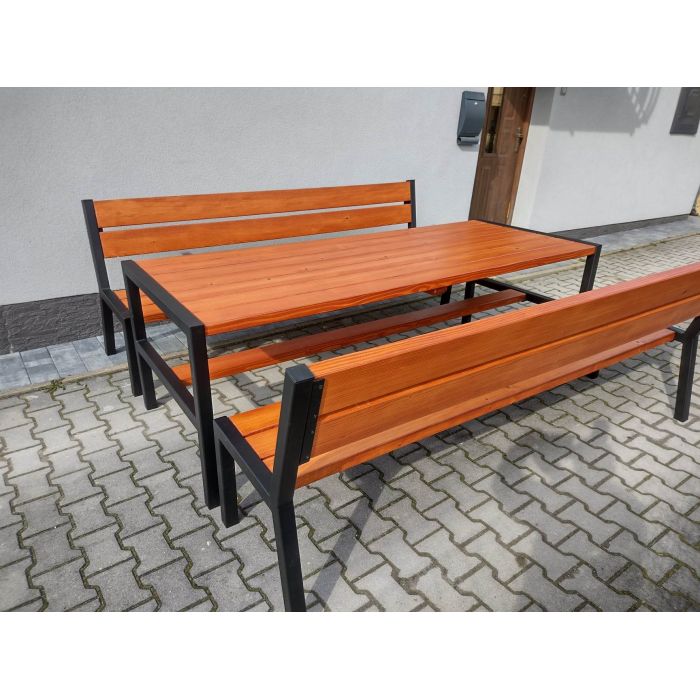 Zestaw mebli ogrodowych drewnianych + metal ocynk stół 2 ławy 2 fotele